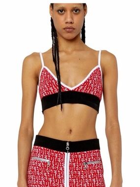 Diesel Red Patterned Bralette with Black Band and White Trim